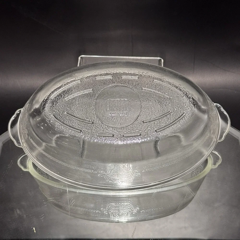 Vintage Glasbake 1Qt Clear Etched Glass Oval Poppy Casserole Dish‎ W Lid